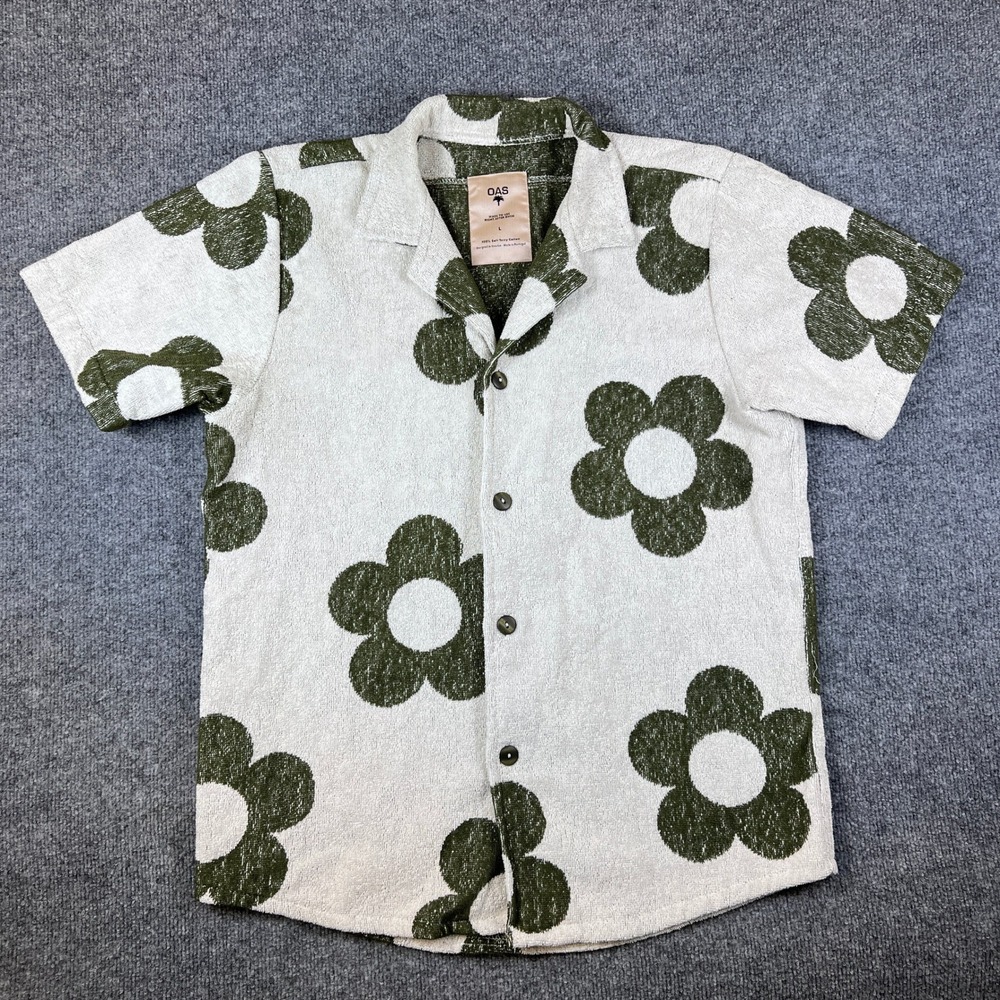 OAS Shirt Mens L White Green Terry Towel Meadow Cuba Floral Camp Summer Resort